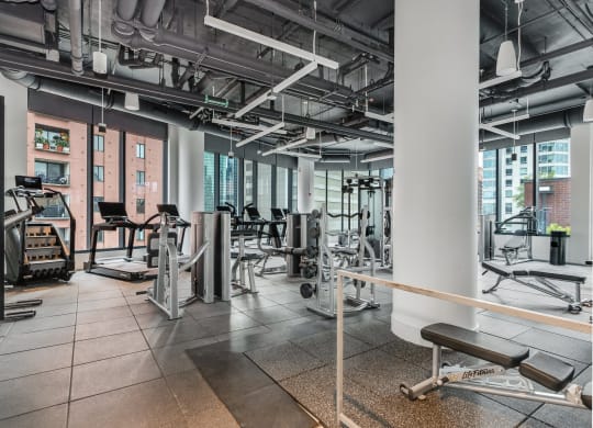 a gym with weights and cardio equipment in a building with tall windows  at Cassidy on Canal, Chicago, 60606