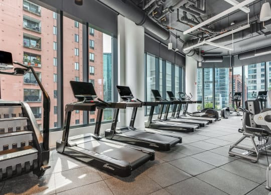 a row of treadmills in a fitness room with a view of the city  at Cassidy on Canal, Chicago, Illinois