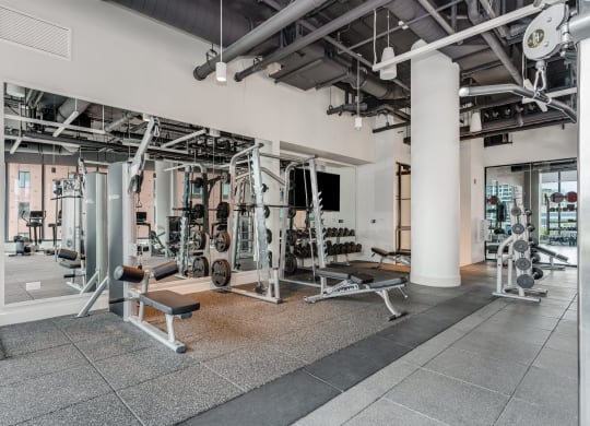 a fitness center with weights machines and other gym equipment  at Cassidy on Canal, Chicago