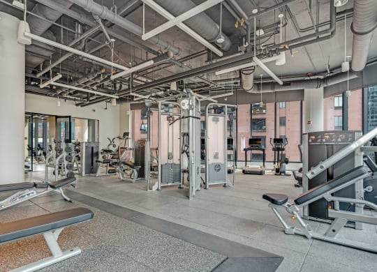 a gym with weights and other exercise equipment in a building  at Cassidy on Canal, Illinois, 60606