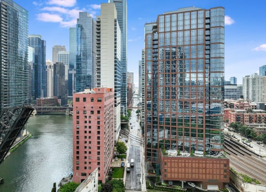 an aerial view of the city and the river  at Cassidy on Canal, Chicago