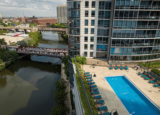 A view of the Chicago River and pool  at Kingsbury Plaza, Chicago, IL, 60654