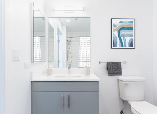 A bathroom with a white toilet, a sink, and a mirror.