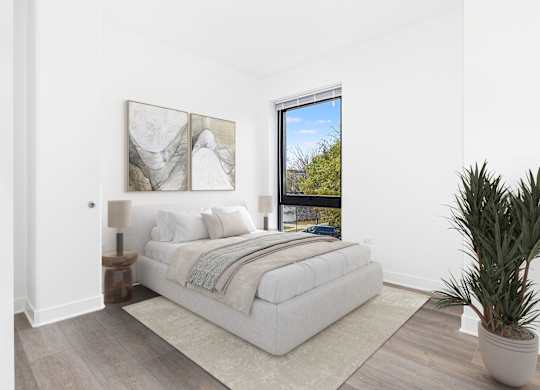 A bedroom with a large bed and a potted plant.