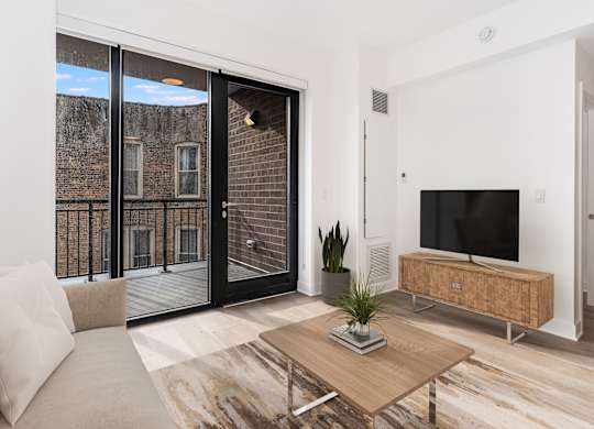 A living room with a couch, a coffee table, a television, and a plant.