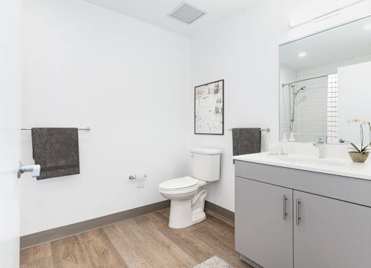 A bathroom with a toilet, sink, and mirror.