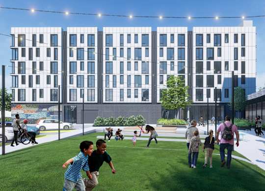 a rendering of people playing in a park in front of a building