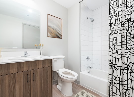 a bathroom with a shower and a toilet and a sink