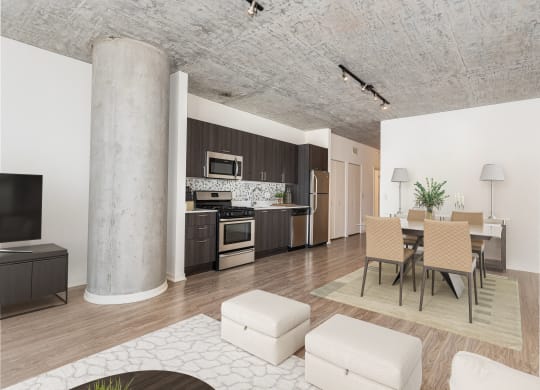 kitchen with a dining area and dining table at One 333, Chicago, Illinois, 60605
