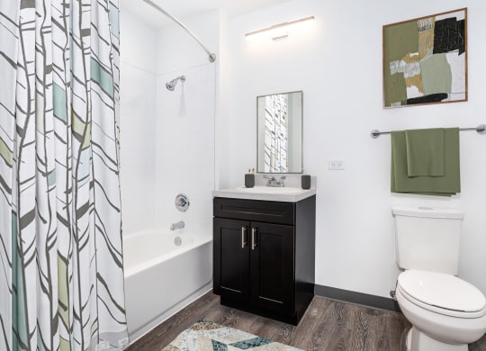 a bathroom with a shower and a toilet and a sink