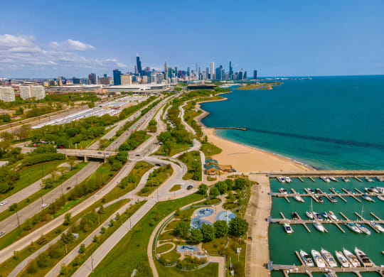 a view of the chicago skyline and lake michigan