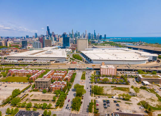 a view of chicago from above with the chicago skyline in the background