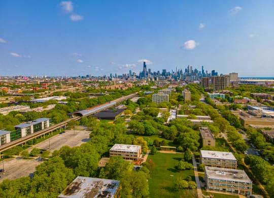 an aerial view of chicago with the skyline in the background