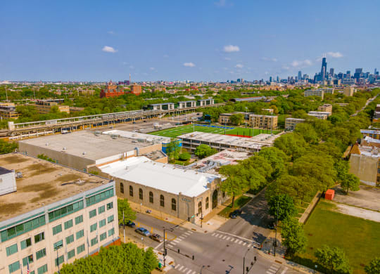 a view of the chicago skyline from the top of a building