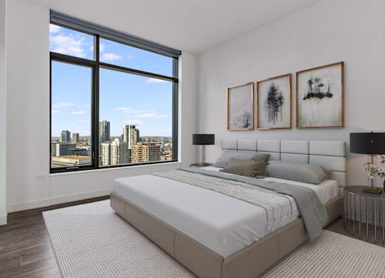 a white bedroom with a large window and a white bed at Cassidy on Canal, Chicago, Illinois