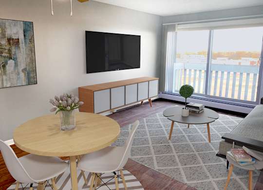 Living dining combo with modern furniture at Cedarvale Highlands Apartments, Minnesota
