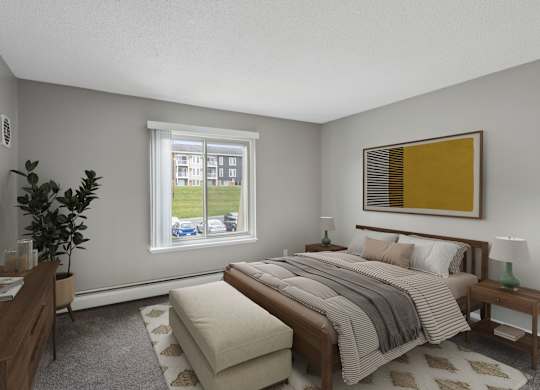 Furnished bedroom with wooden furniture and area rug at Cedarvale Highlands Apartments, Eagan, 55122