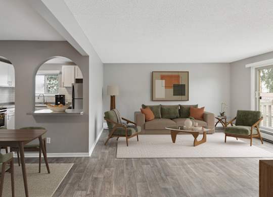 Contemporary living room with mid century modern furniture at Cedarvale Highlands Apartments, Minnesota