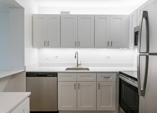 A kitchen with white cabinets and appliances at Columbus Plaza, Illinois, 60601