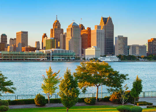 View of Detroit Skyline at Sunset at The Village of Hyde Park, Detroit