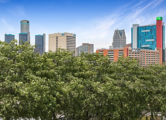 a city skyline with trees in the foreground at The Pavilion, Detroit, MI, 48207
