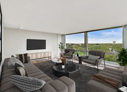 a living room filled with furniture and a large window at The Pavilion, Michigan, 48207