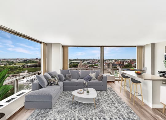 Living Room With Expansive Window at The Pavilion, Detroit