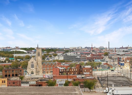 a view of the city from the top of a building at The Pavilion, Detroit, Michigan