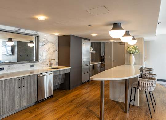 A modern kitchen with a marble countertop and stainless steel appliances at Kingsbury Plaza, Chicago, 60654