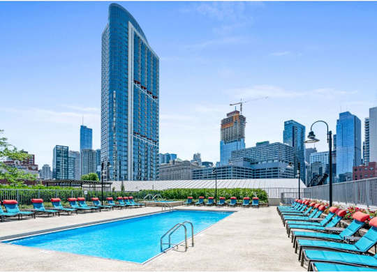 outdoor pool and sundeck with views at Kingsbury Plaza, Chicago, 60654