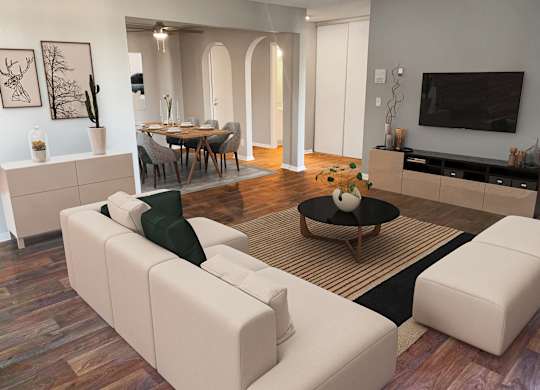Living room with sectional sofa and entertainment center at Cedarvale Highlands Apartments, Eagan
