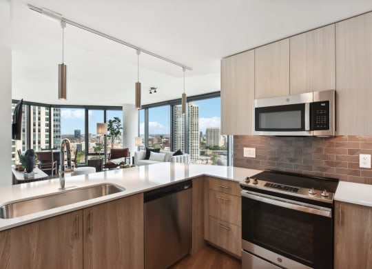 a kitchen with a sink and a stove and a window at Cassidy on Canal, Chicago