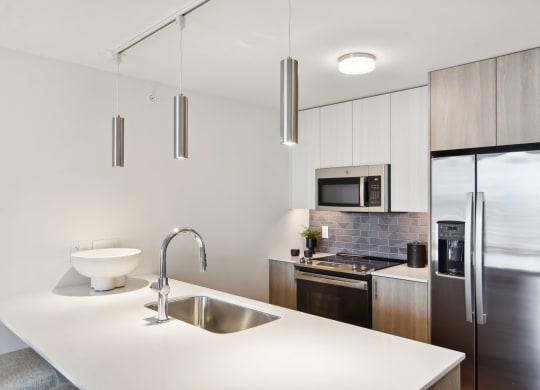 a kitchen with a sink and a refrigerator at Cassidy on Canal, Chicago, IL, 60654