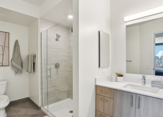 a bathroom with a shower toilet and sink and a mirror at Cassidy on Canal, Chicago, IL