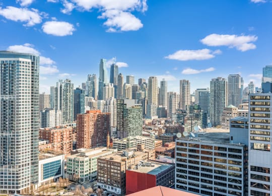 a view of the city from a balcony at Cassidy on Canal, Chicago, IL