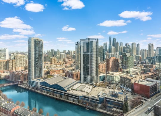 an aerial view of the city and the river at Cassidy on Canal, Chicago, IL