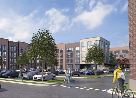 a rendering of a building with cars parked in front of it