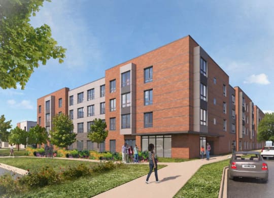 a rendering of an apartment building with people walking on the sidewalk
