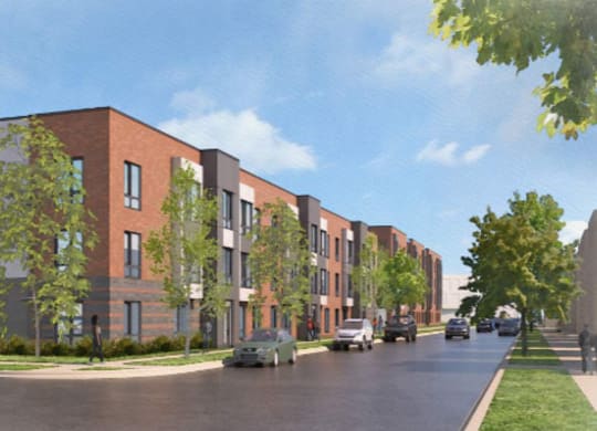 a rendering of a new apartment building on a city street