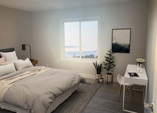 Modern bedroom with desk and plant decor at Cedarvale Highlands Apartments, Eagan, MN 55122