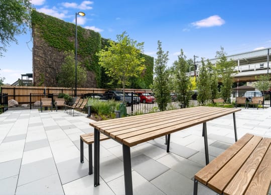 the outdoor patio of a building with tables and benches