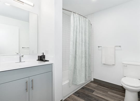 a bathroom with a shower and a sink and a toilet