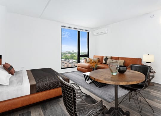 a living room with a couch and a table