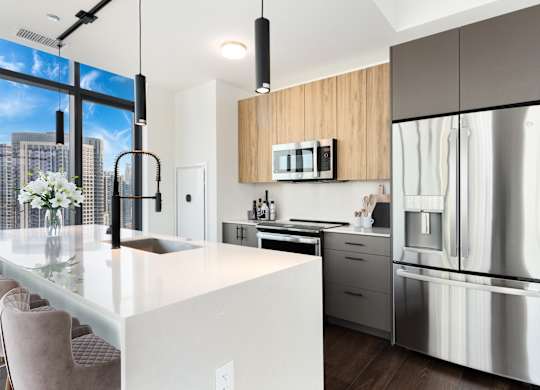 a kitchen with a large island and stainless steel appliances at Cassidy on Canal, IL, 60606