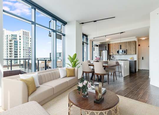 a living room with a couch and a table at Cassidy on Canal, Chicago, IL