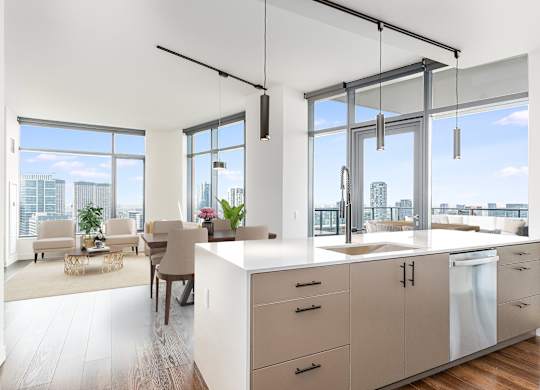 a kitchen and living room with a view of the city at Cassidy on Canal, Chicago, Illinois