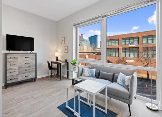 Living Room With TV at 23rd Place Apartment, Chicago, IL