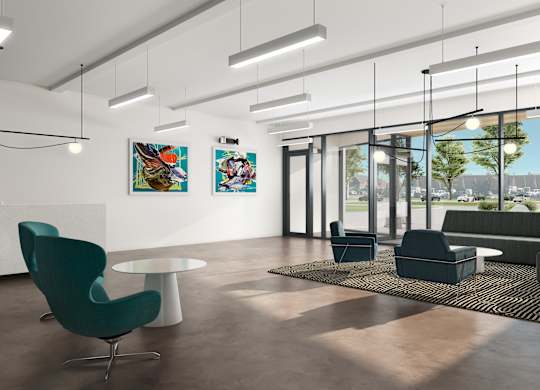 a rendering of a living room with couches and chairs