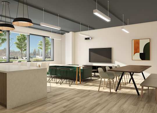 a rendering of a communal area with a kitchen and dining room