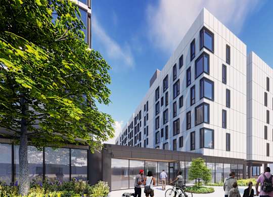 a rendering of a white building with people walking in front of it